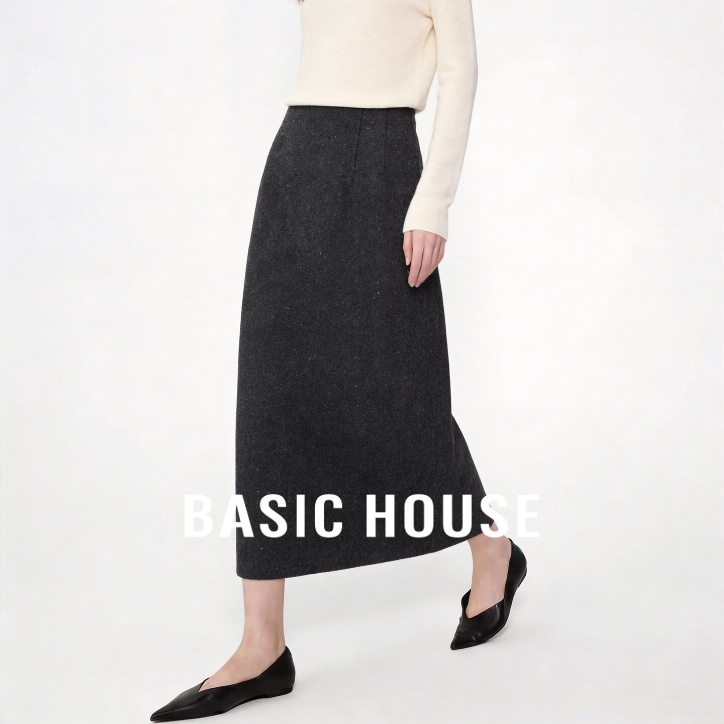 Basic House/百家好极简风高腰A字半身裙女显瘦中长款通勤大摆裙