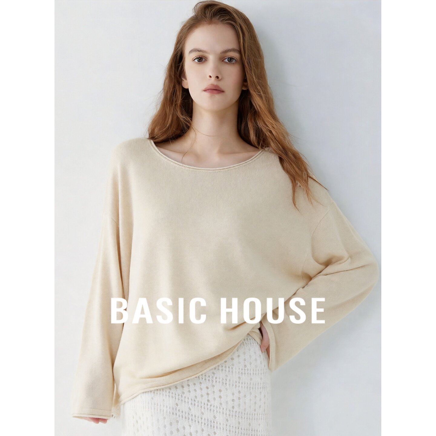 Basic House/百家好卡其色羊毛针织衫女2026秋季新款宽松高级百搭