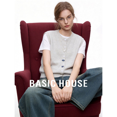 Basic House/百家好米白色圆领减龄针织马甲女春季叠穿设计感坎肩
