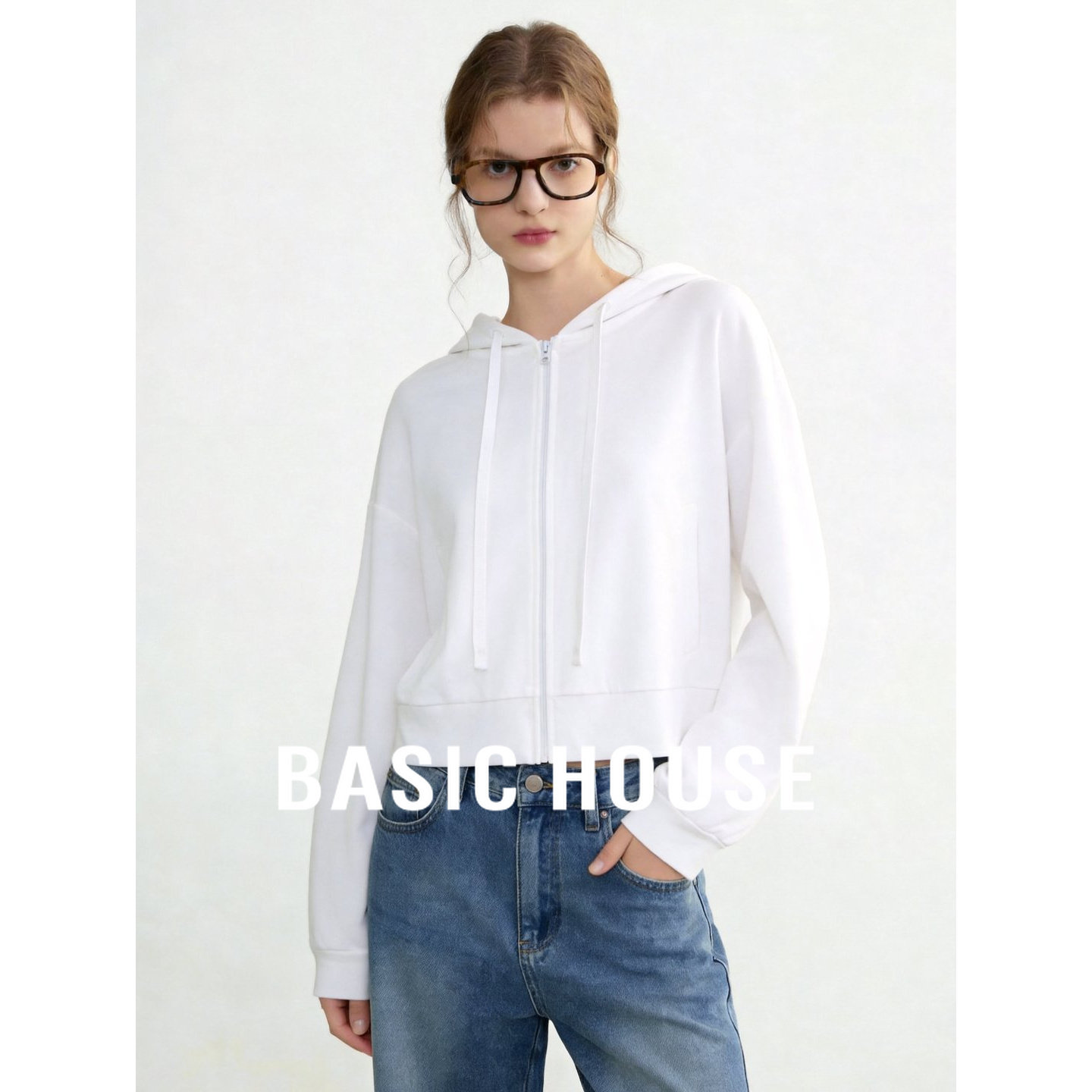 Basic House/百家好简约风白色连帽拉链针织衫女秋季纯棉休闲上衣