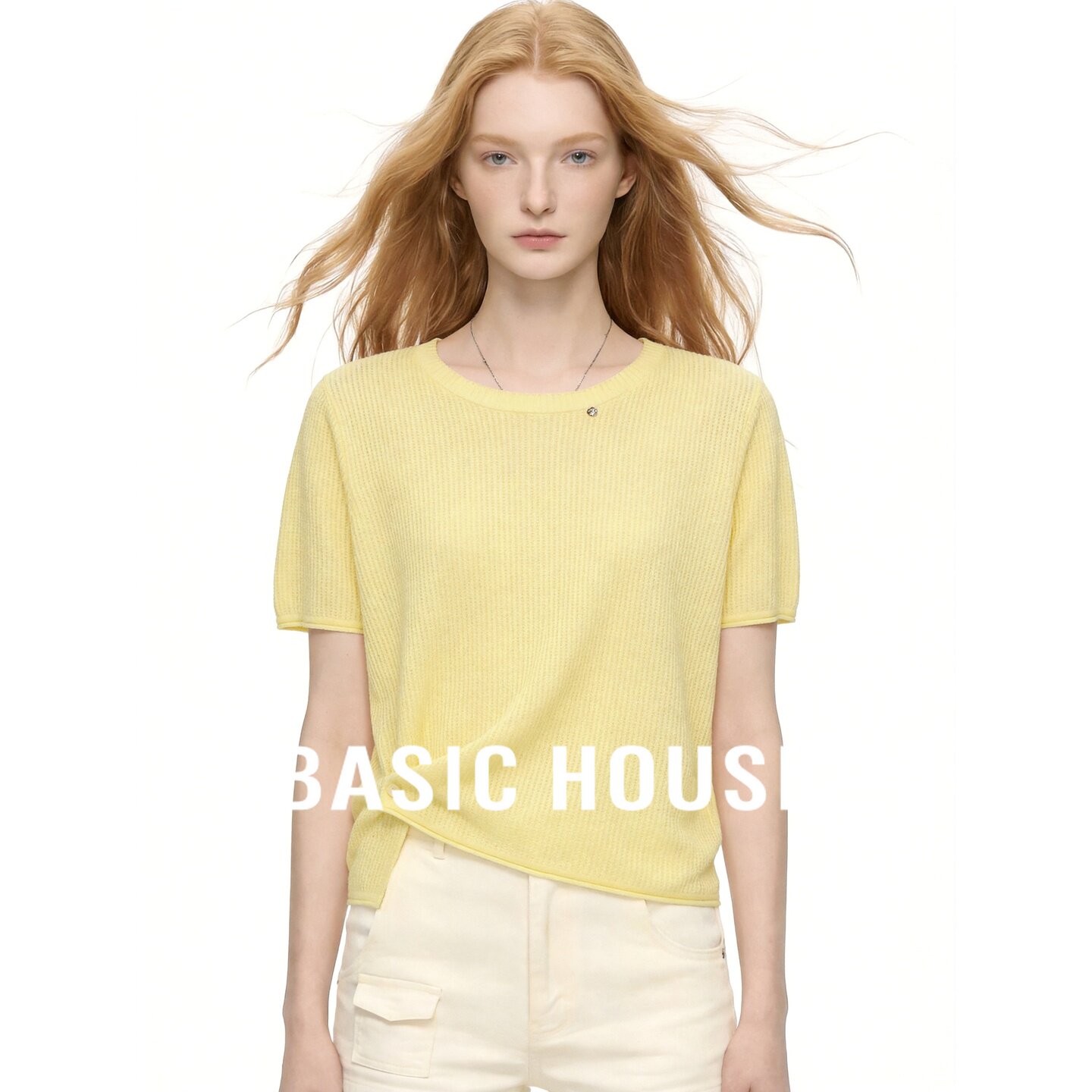 Basic House/百家好亚麻莱赛尔短袖针织上衣圆领宽松不对称下摆
