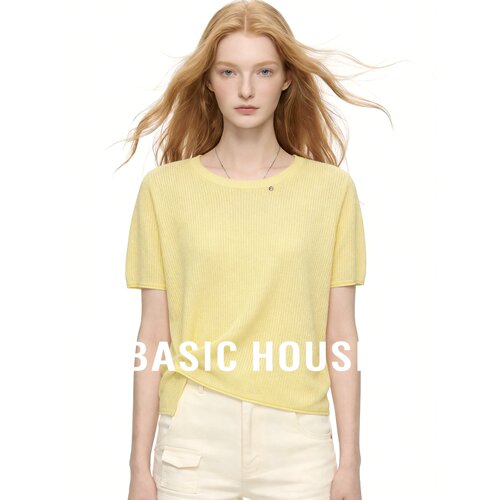 Basic House/百家好亚麻莱赛尔短袖针织上衣圆领宽松不对称下摆