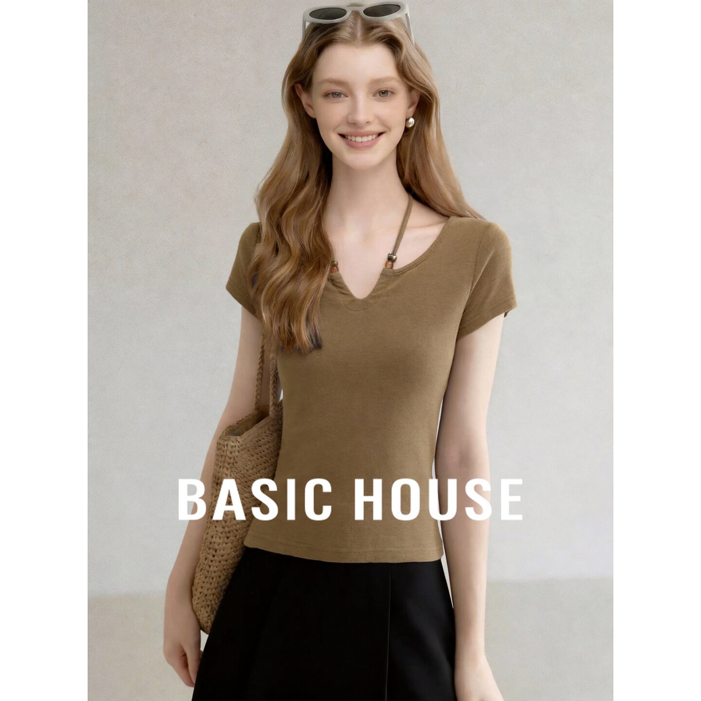 Basic House/百家好设计感V领短袖T恤羊毛莱赛尔修身女夏极简韩版