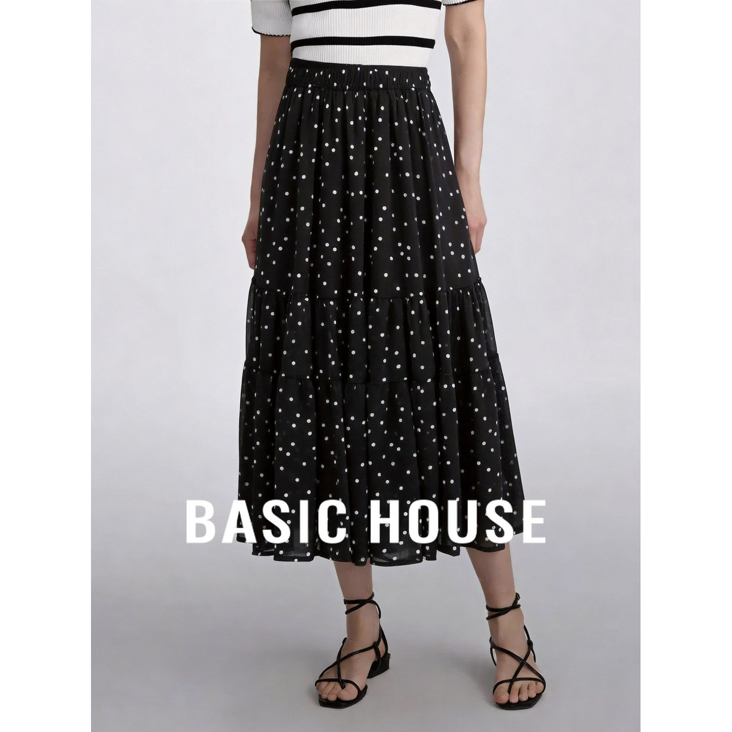 Basic House/百家好复古波点半身裙女2026夏季黑色高腰显瘦中长裙