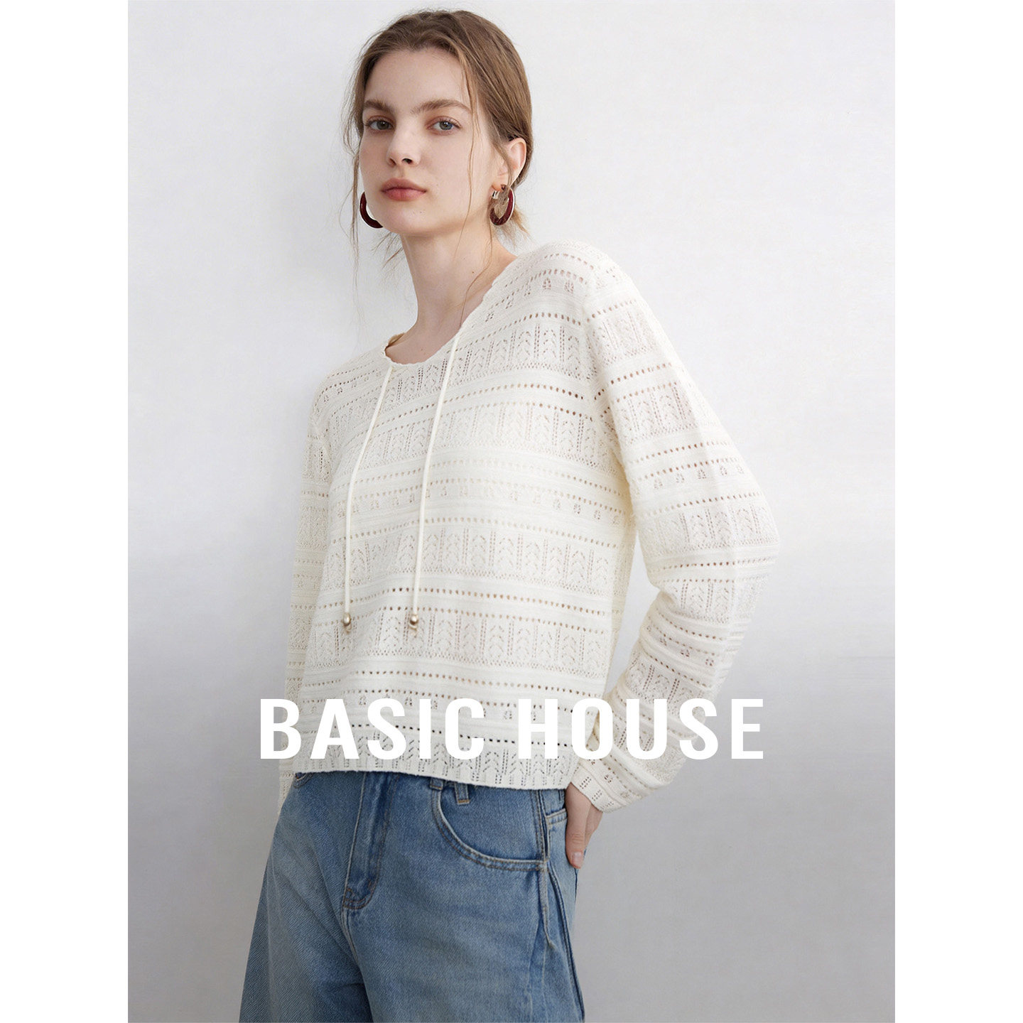 Basic House/百家好镂空韩式女春夏季新款针织衫休闲显瘦长袖上衣