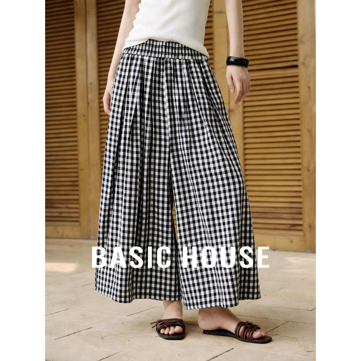Basic House/百家好复古黑白格子阔腿裤女高腰显瘦休闲百搭舒适