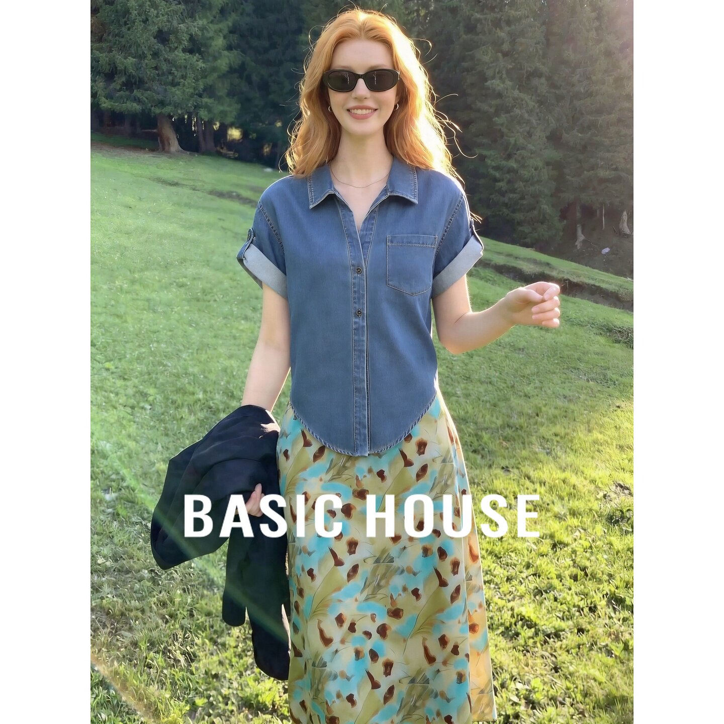 Basic House/百家好牛仔马甲碎花裙两件套女夏季休闲百搭显瘦套装