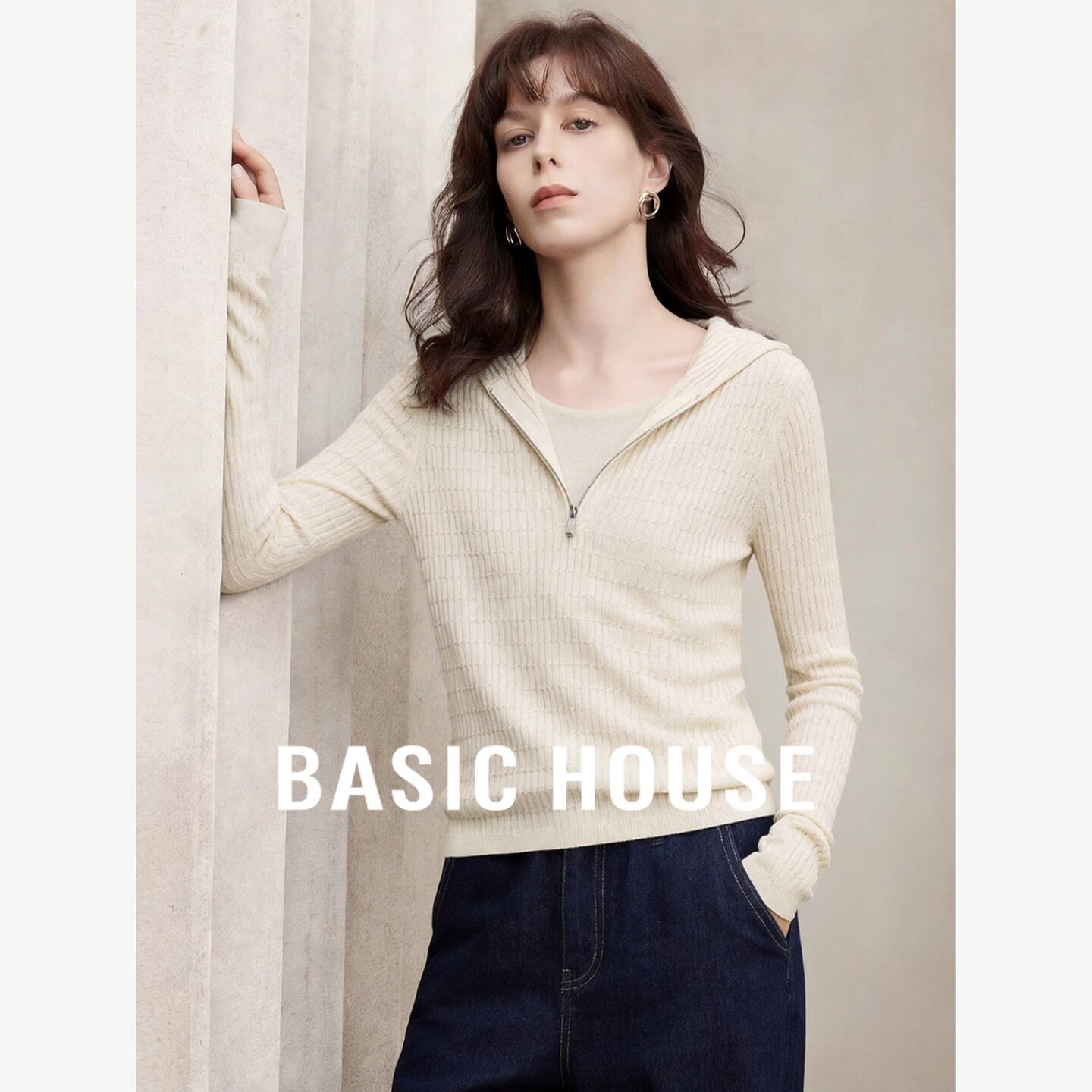 Basic House/百家好连帽半拉链假两件针织衫女长袖修身毛衣上衣