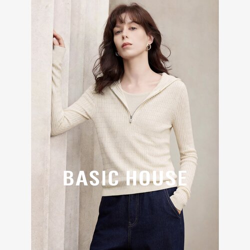 Basic House/百家好连帽半拉链假两件针织衫女长袖修身毛衣上衣