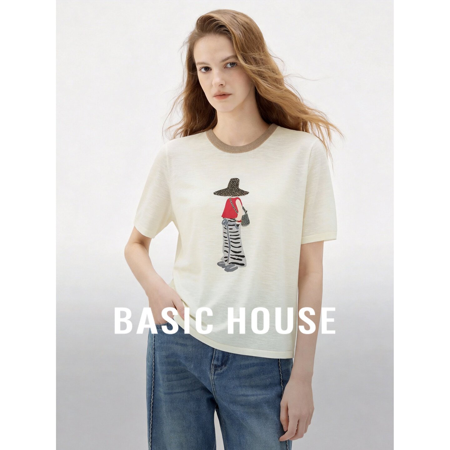 Basic House/百家好白色圆领正肩基础短袖针织衫女夏休闲薄款上衣