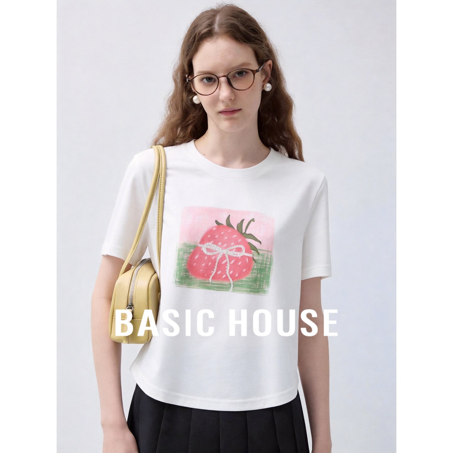 Basic House/百家好圆领短袖印花T恤女宽松白色韩版夏季通勤上衣
