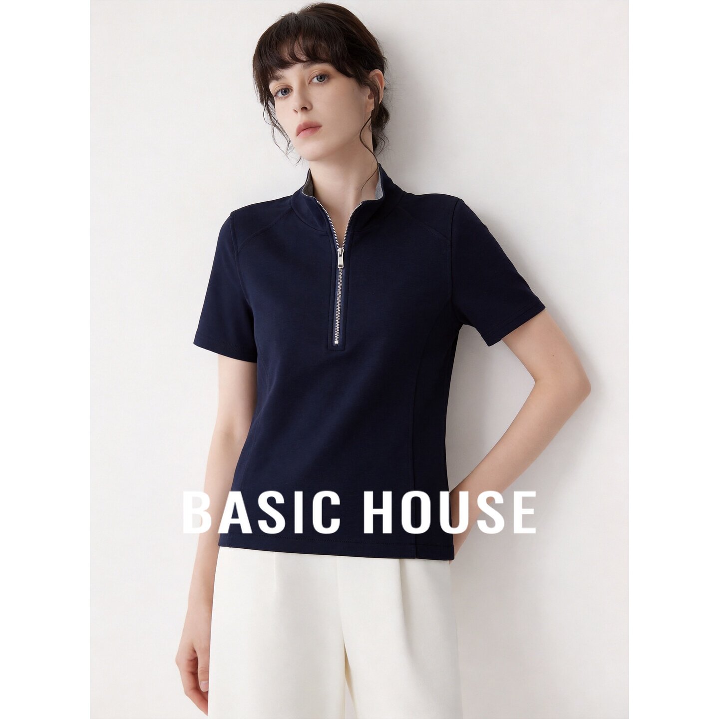Basic House/百家好立领棉质拉链短袖T恤女夏季百搭透气显瘦上衣