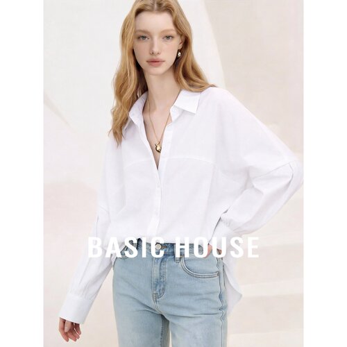 Basic House/百家好白色翻领长袖灯笼袖宽松纯棉衬衫女极简休闲风