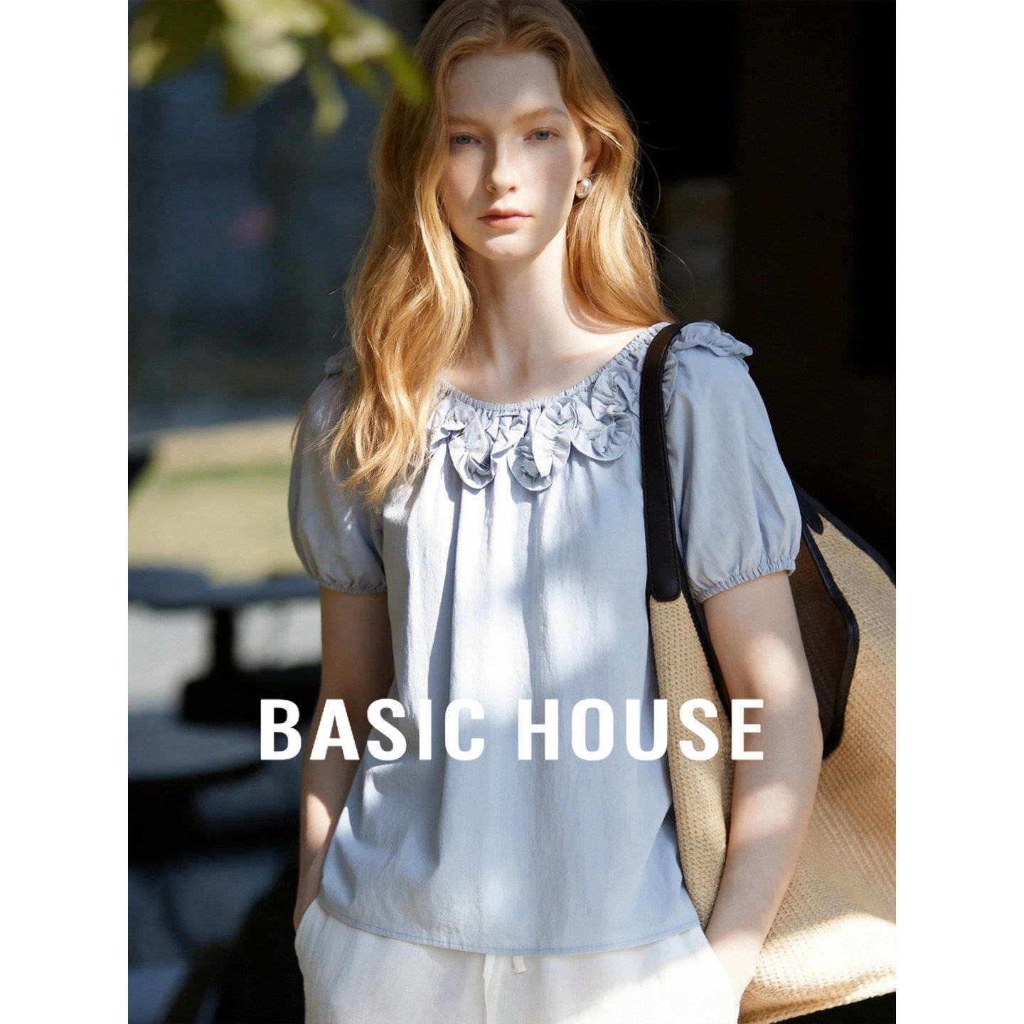 Basic House/百家好法式木耳边泡泡袖衬衫女2026夏季显瘦短袖上衣