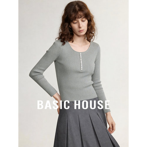Basic House/百家好极简风圆领针织衫女长袖修身显瘦高级感内搭 - 封面