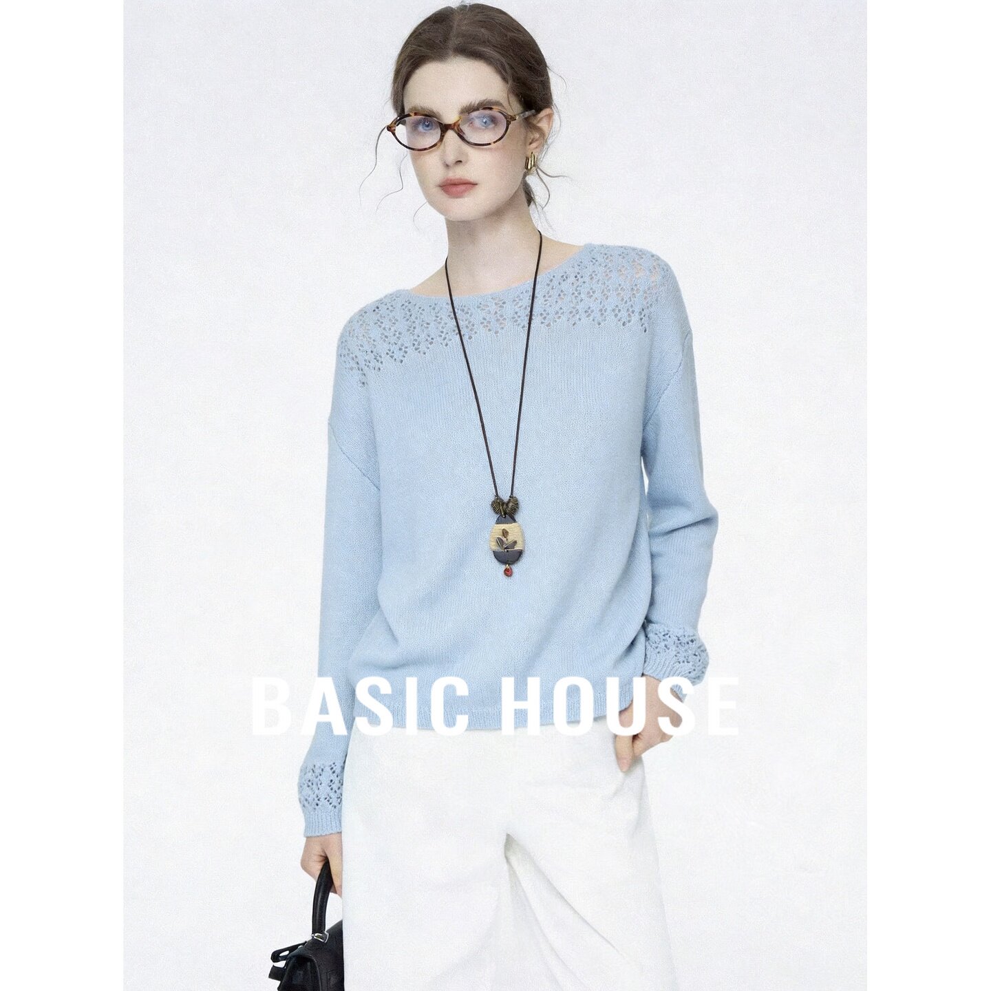 Basic House/百家好蓝色圆领镂空羊毛宽松文艺风百搭长袖针织衫女