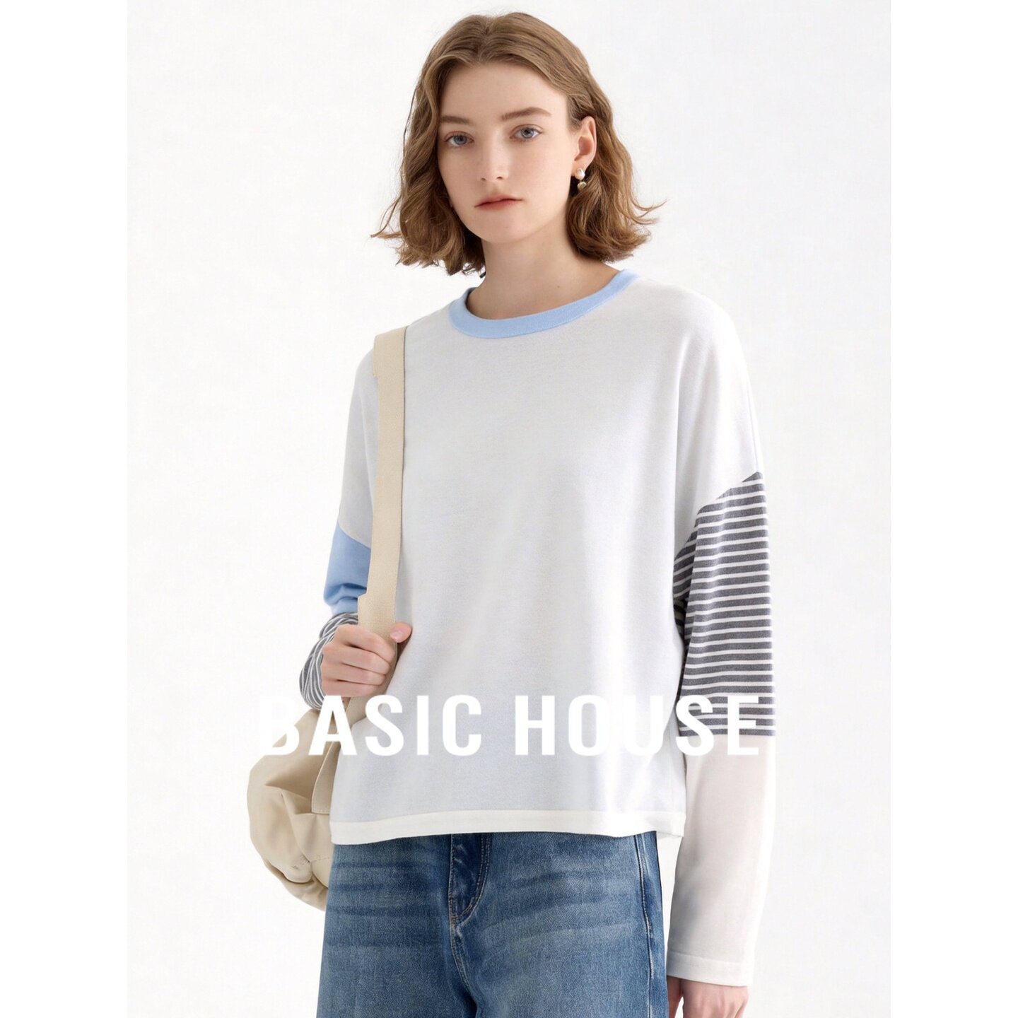 Basic House/百家好撞色拼接条纹针织衫女秋季新款长袖羊毛上衣
