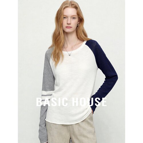 Basic House/百家好复古撞色拼接针织衫女圆领设计感百搭显瘦上衣