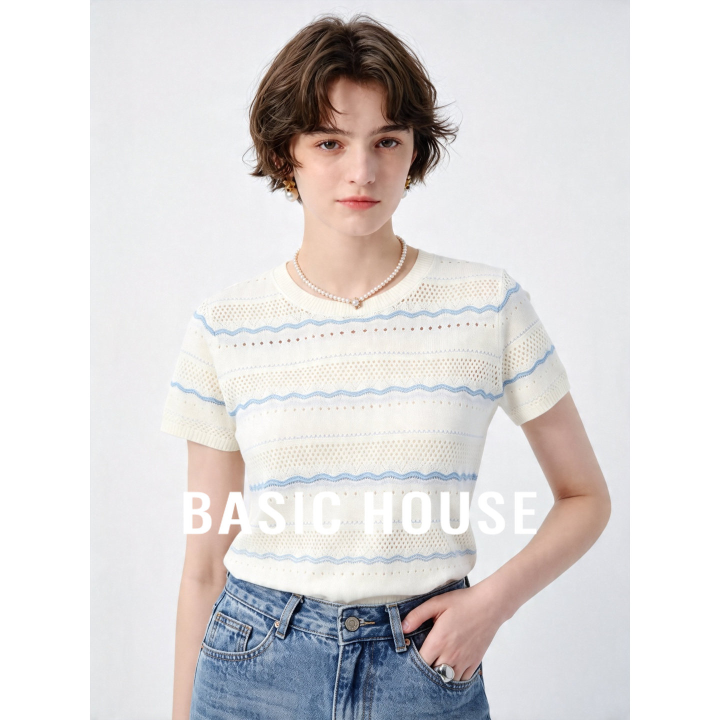 Basic House/百家好时尚薄款条纹针织衫女2026夏新款圆领镂空短袖