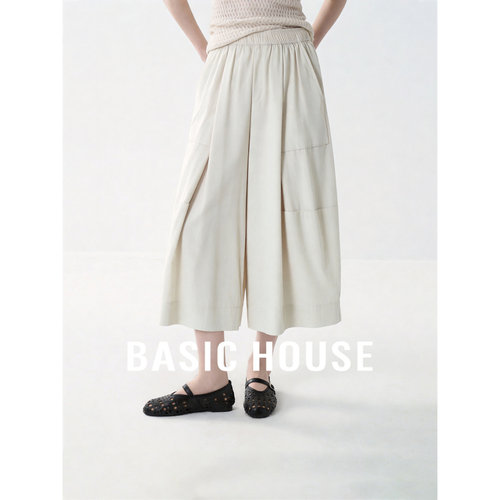 Basic House/百家好松紧腰白色口袋阔腿裤女夏宽松显瘦百搭休闲裤
