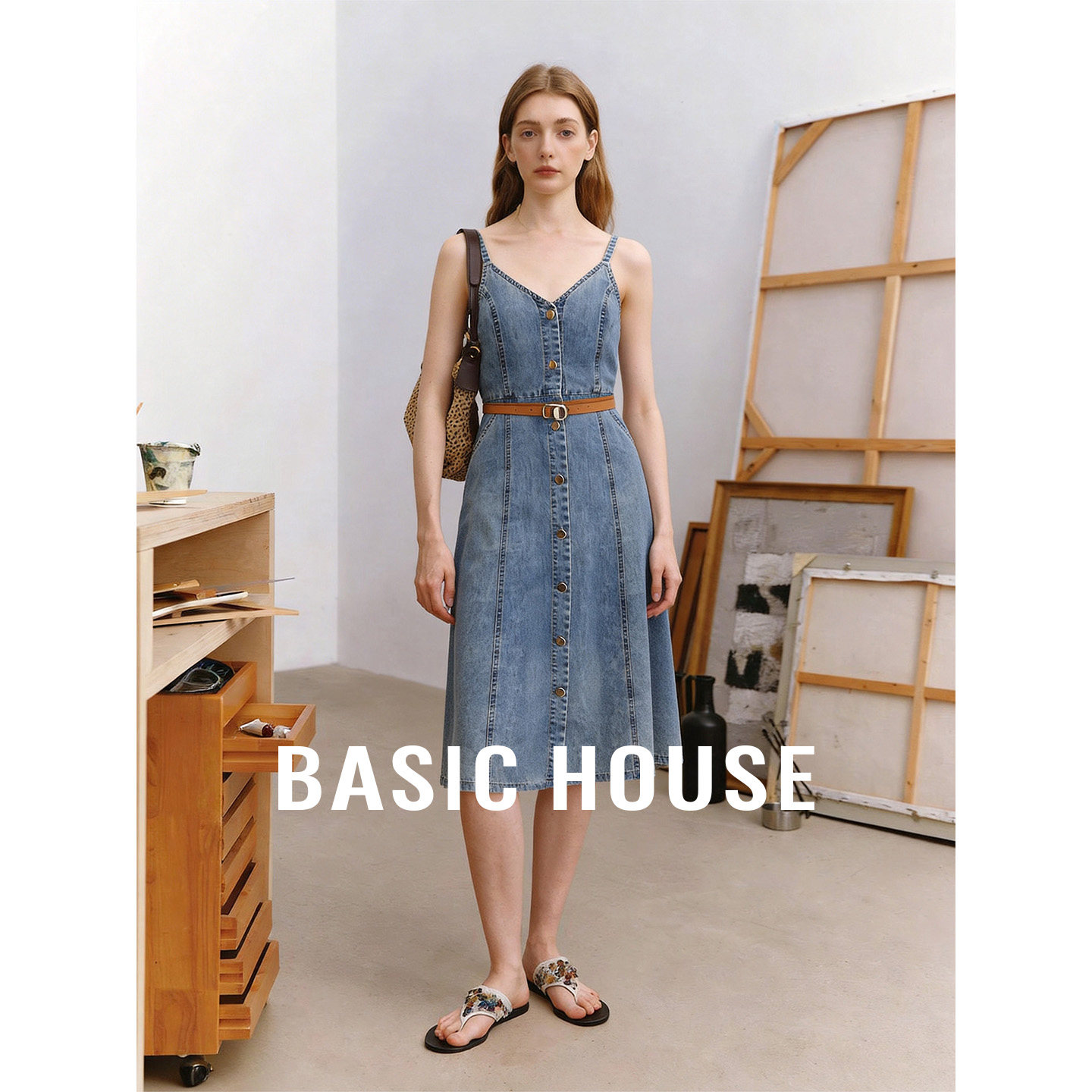 Basic House/百家好复古水洗收腰牛仔裙2026夏新款中长款吊带裙子