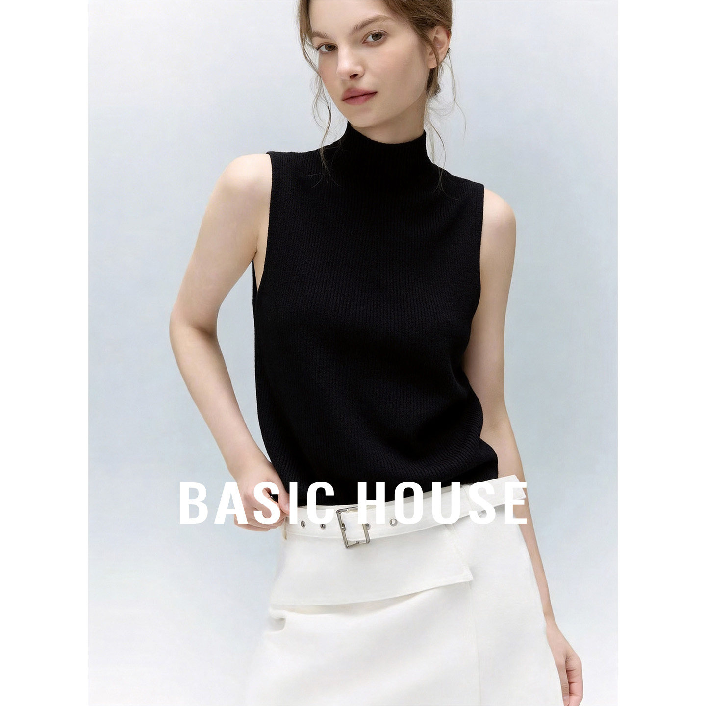 Basic House/百家好黑色无袖针织背心女秋季极简修身显瘦气质上衣