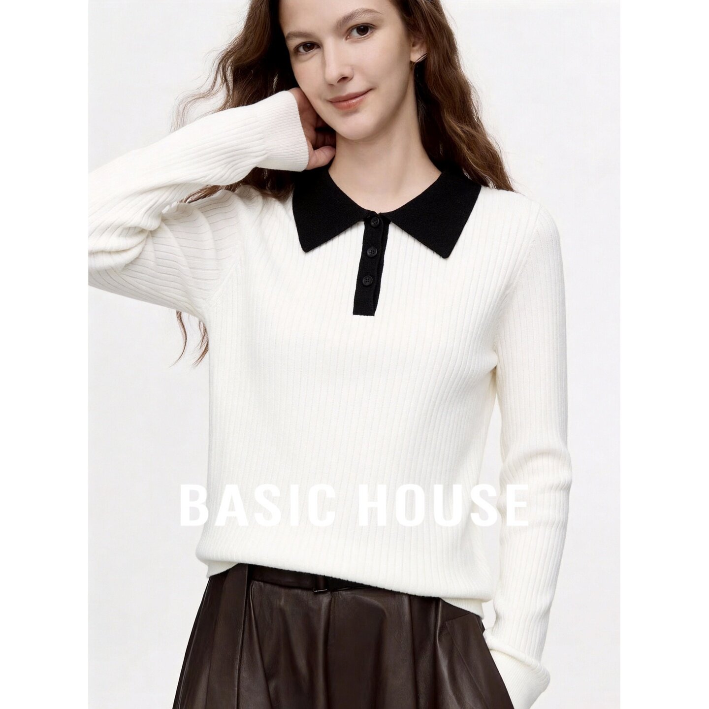 Basic House/百家好学院风POLO领短款套头长袖女士休闲百搭针织衫