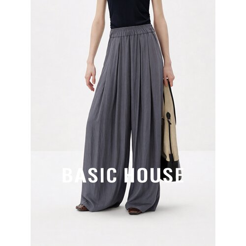 Basic House/百家好高腰阔腿裤女夏灰色垂感宽松压褶通勤极简百搭