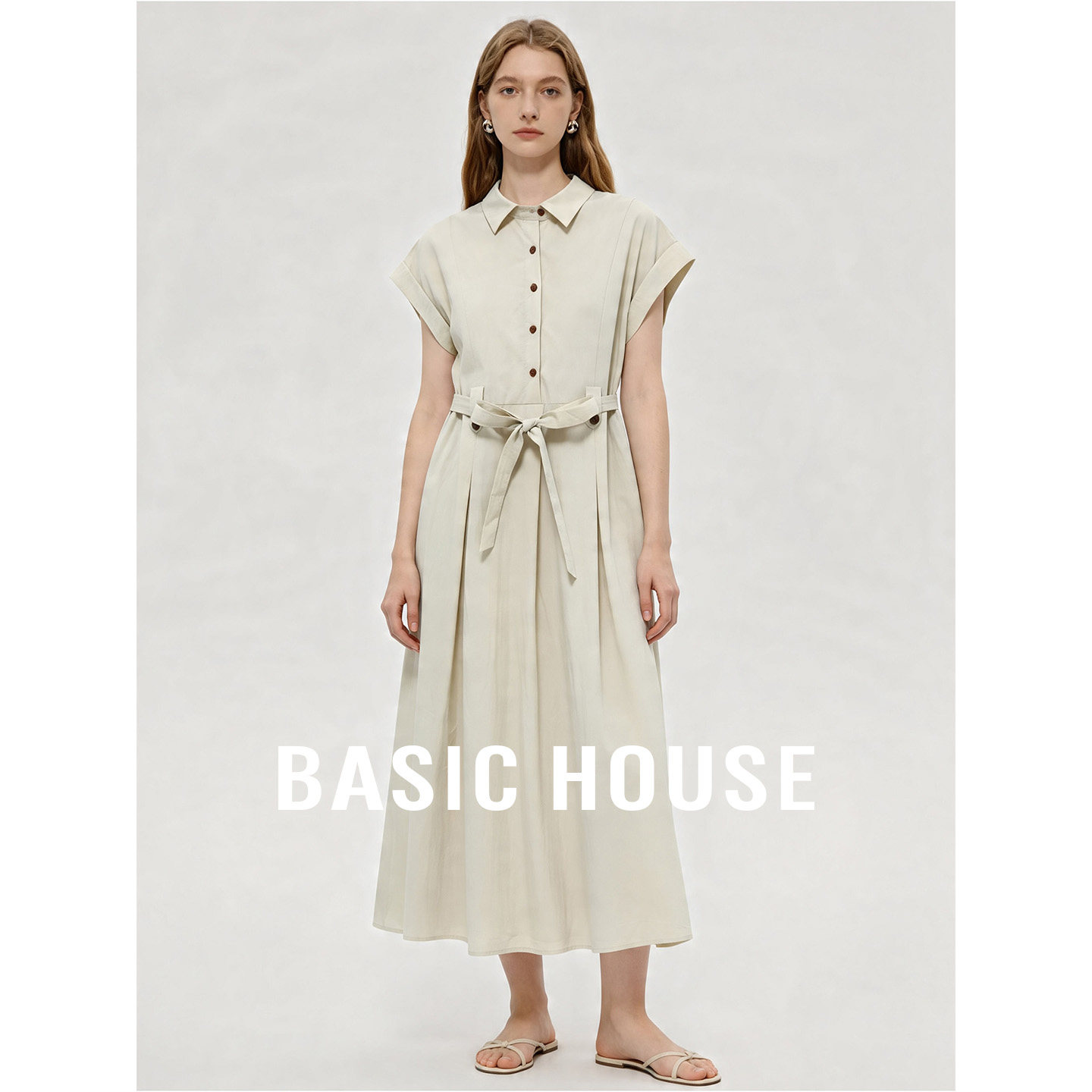 Basic House/百家好2026夏季新款舒适百搭含棉舒适中长款连衣裙女