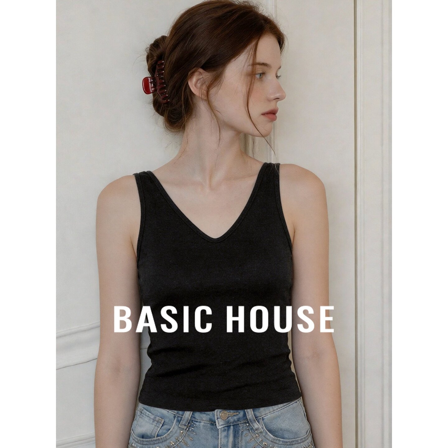 Basic House/百家好蕾丝边V领背心女黑色修身显瘦百搭吊带上衣