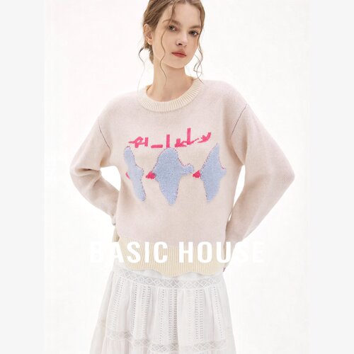 Basic House/百家好拼接不规则设计感提花毛衣女圆领宽松针织上衣