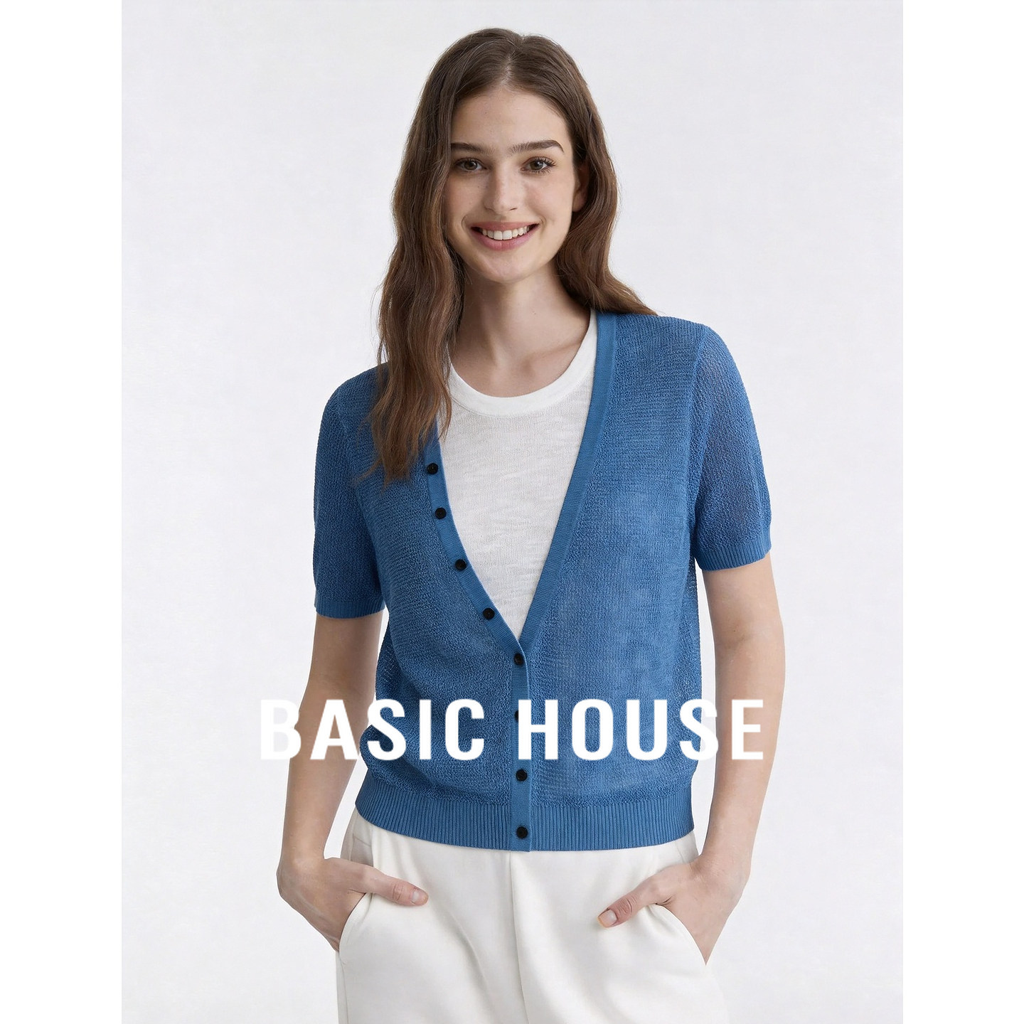 Basic House/百家好2026新款蓝色V领短袖假两件针织衫女百搭显瘦