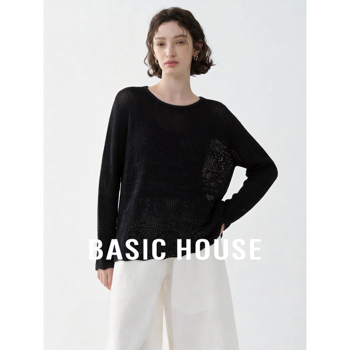 Basic House/百家好圆领镂空针织衫女长袖松弛感慵懒风微透上衣