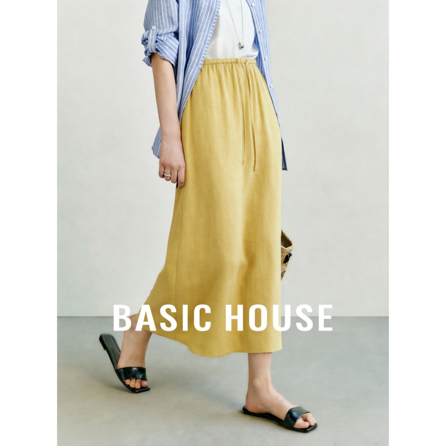 Basic House/百家好莱赛尔黄色半身裙女夏季高腰抽绳显瘦遮胯长裙