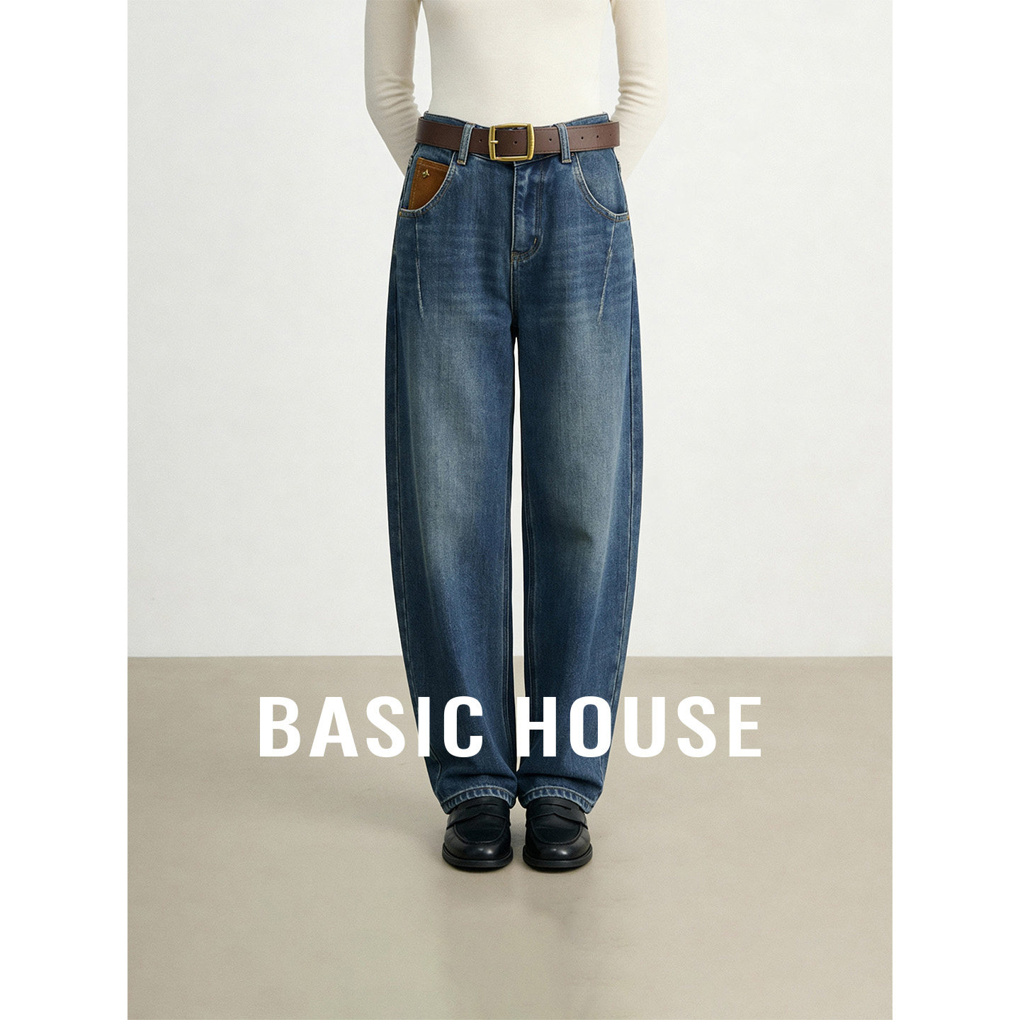 Basic House/百家好秋冬新款深蓝色加绒牛仔裤女保暖百搭直筒长裤,女装/女士精品,牛仔裤,淘宝优惠券,粉丝福利购,淘宝优惠卷