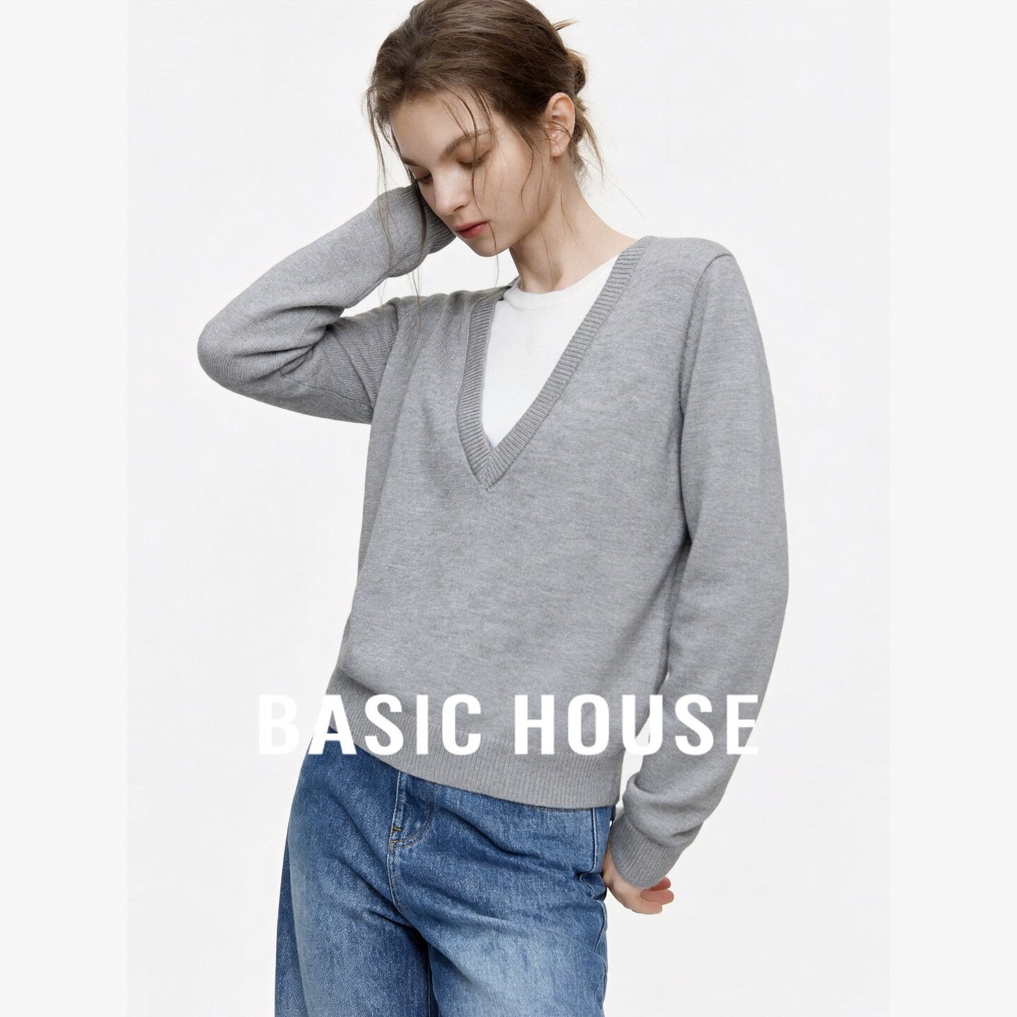 Basic House/百家好假两件V领针织衫女长袖设计感百搭上衣极简风