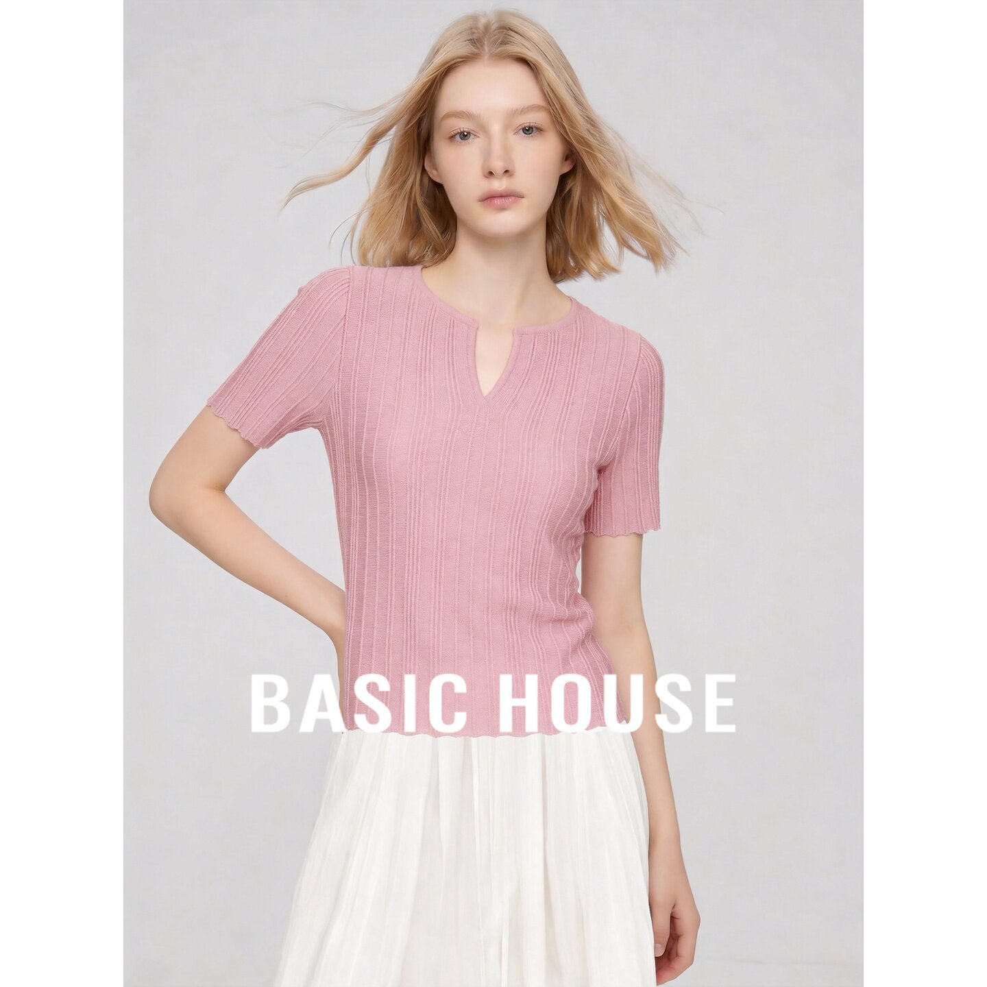Basic House/百家好针织短袖上衣桑蚕丝羊毛V领修身极简韩版粉色