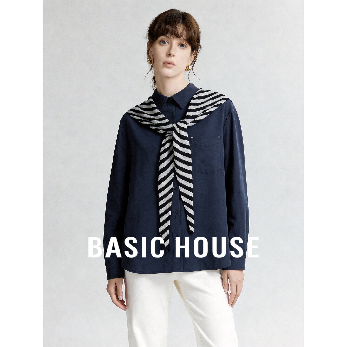 Basic House/百家好藏青衬衫翻领条纹披肩系带宽松通勤长袖女秋季