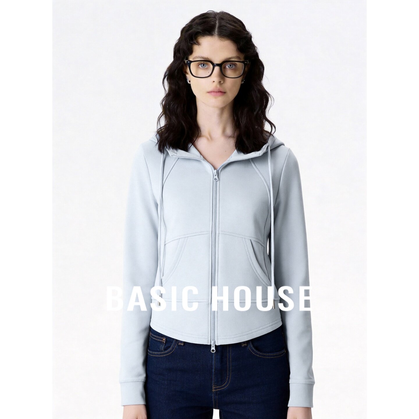 Basic House/百家好蓝色连帽拉链开衫卫衣女抽绳含棉修身口袋外套