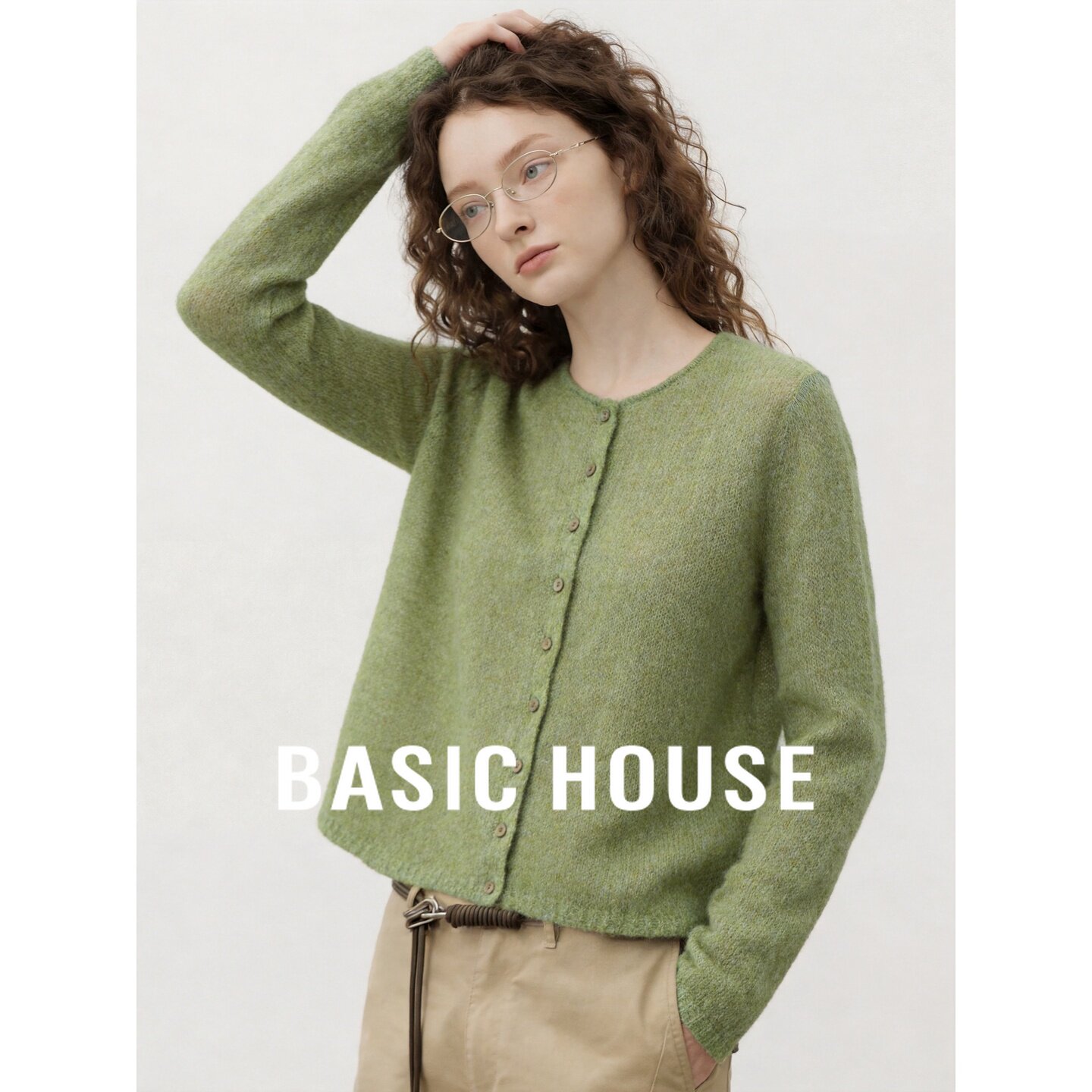 Basic House/百家好慵懒风圆领针织开衫女秋绿色显白宽松软糯外套