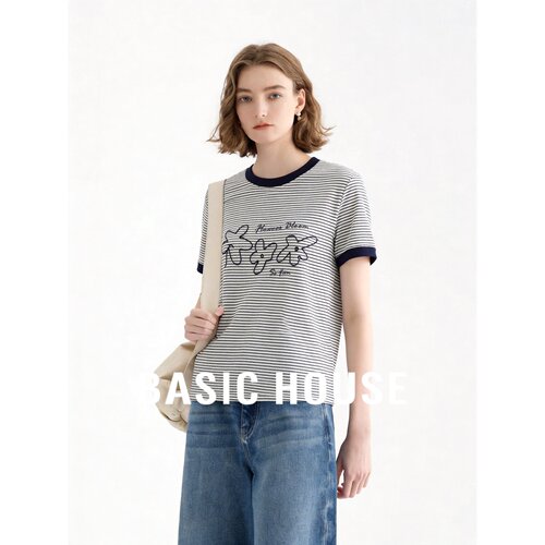 Basic House/百家好韩系时尚条纹圆领T恤女短袖字母印花套头上衣