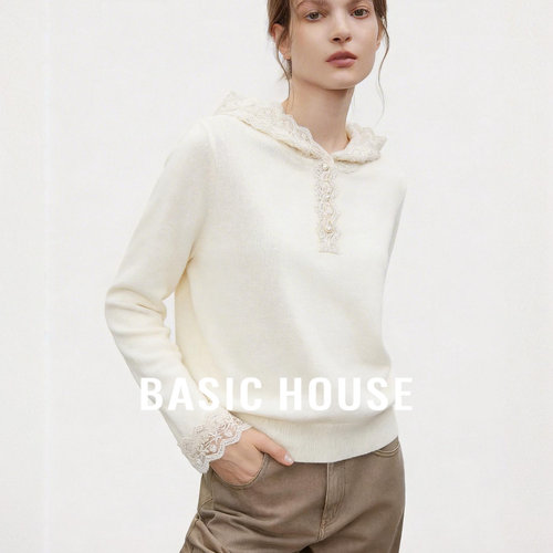Basic House/百家好米白色连帽针织毛衣女蕾丝花边领口袖口长袖