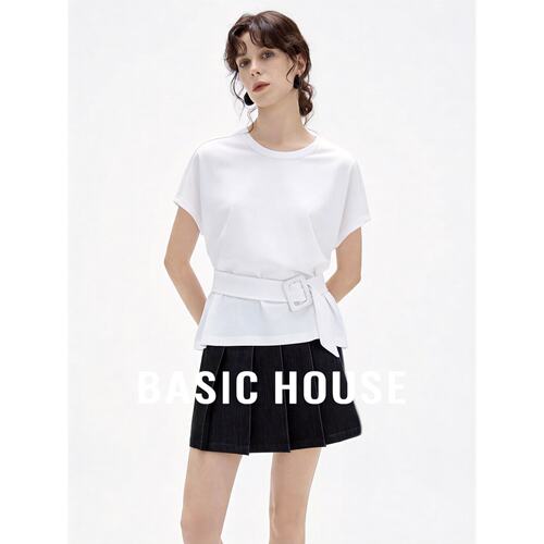 Basic House/百家好2026夏新款白色圆领收腰短袖T恤女设计感上衣