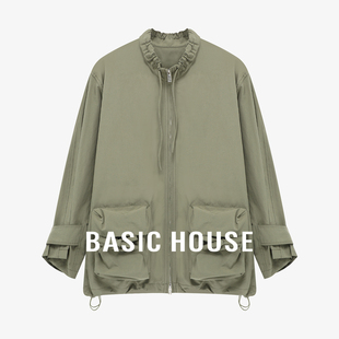 Basic House/百家好工装风军绿色立领拉链风衣外套短款夹克上衣女