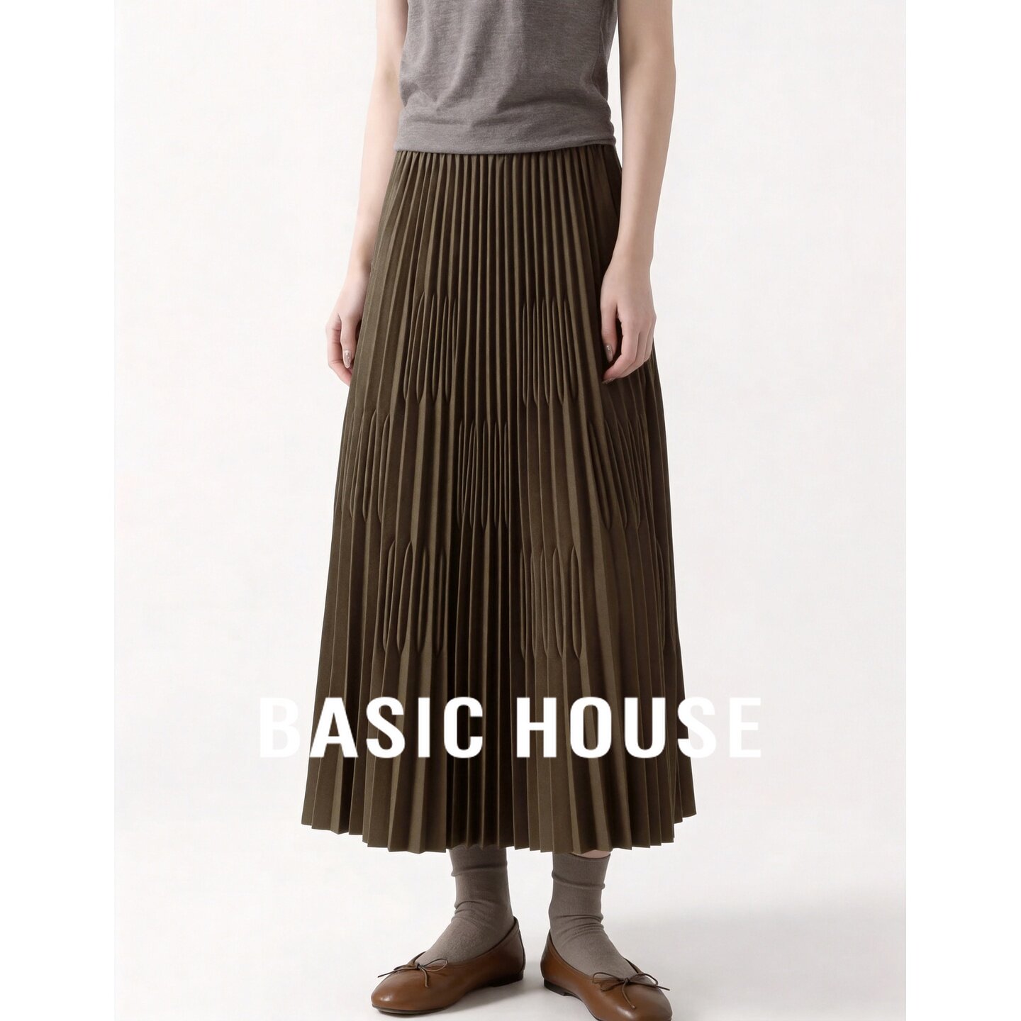 Basic House/百家好高级感百褶半身裙女显瘦质感中长款半身裙秋季