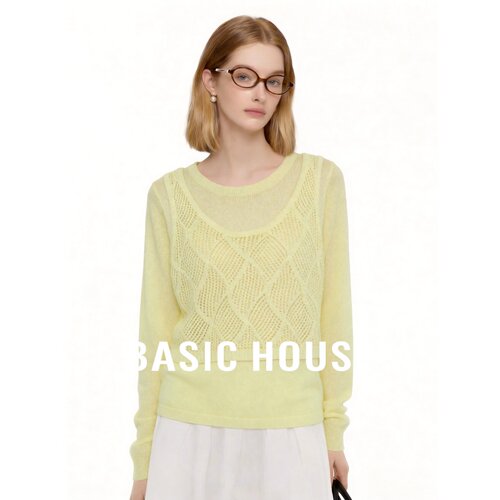 Basic House/百家好温柔风黄色镂空针织衫女长袖宽松显瘦上衣早秋