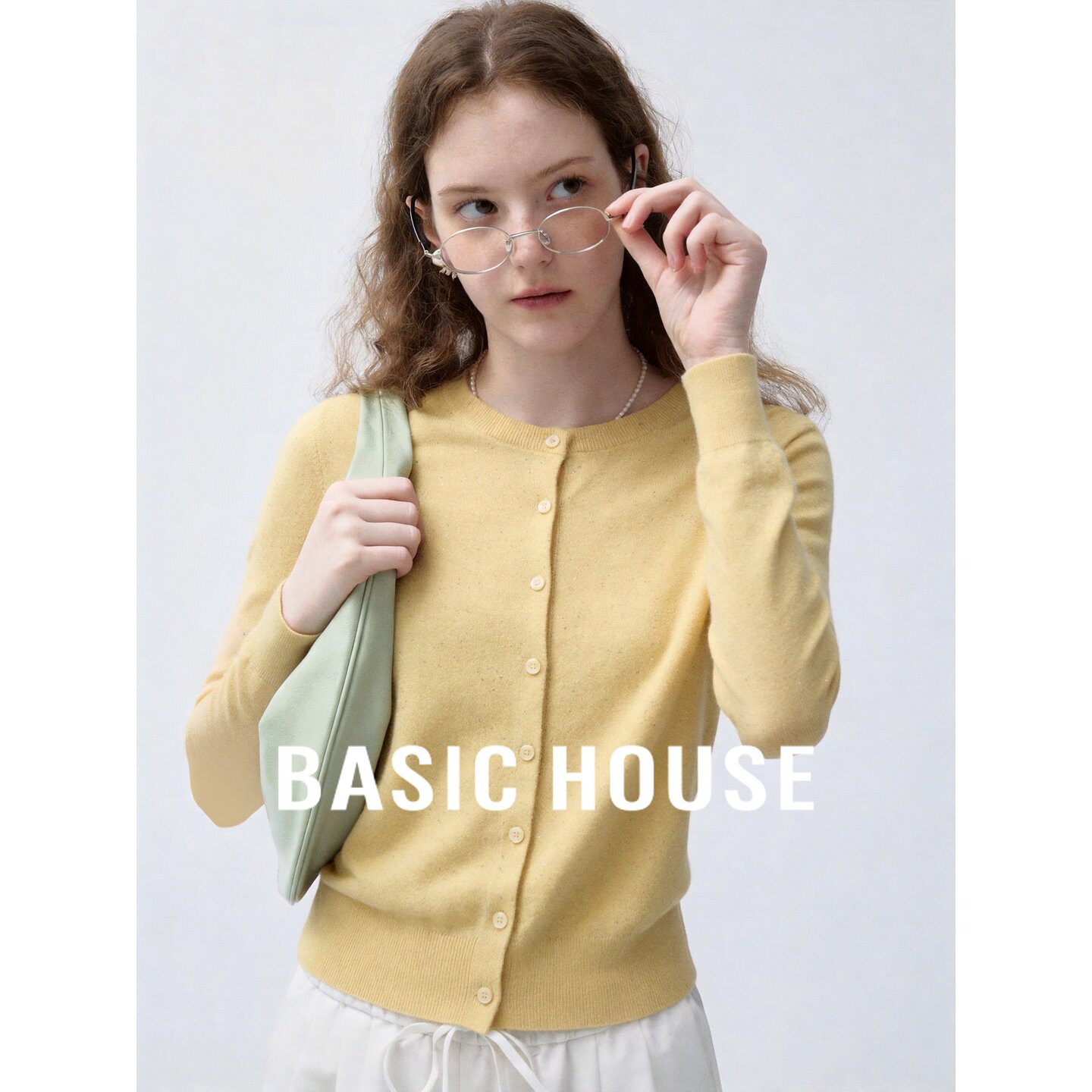 Basic House/百家好羊毛针织开衫女秋圆领长袖修身单排扣韩版黄色