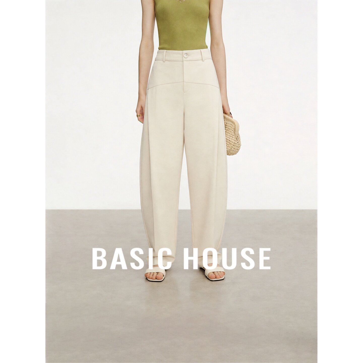 Basic House/百家好高腰休闲裤女夏宽松显瘦米色萝卜裤百搭通勤