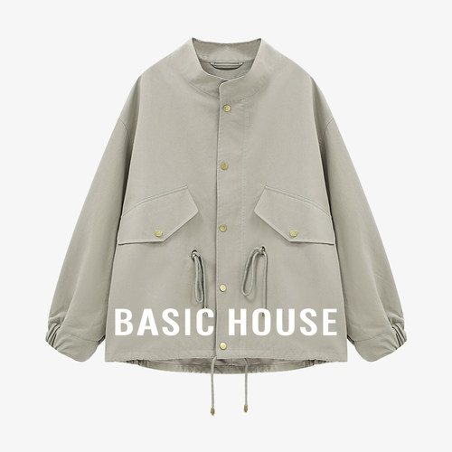Basic House/百家好工装风拼接收腰外套简约双口袋抽绳宽松上衣女
