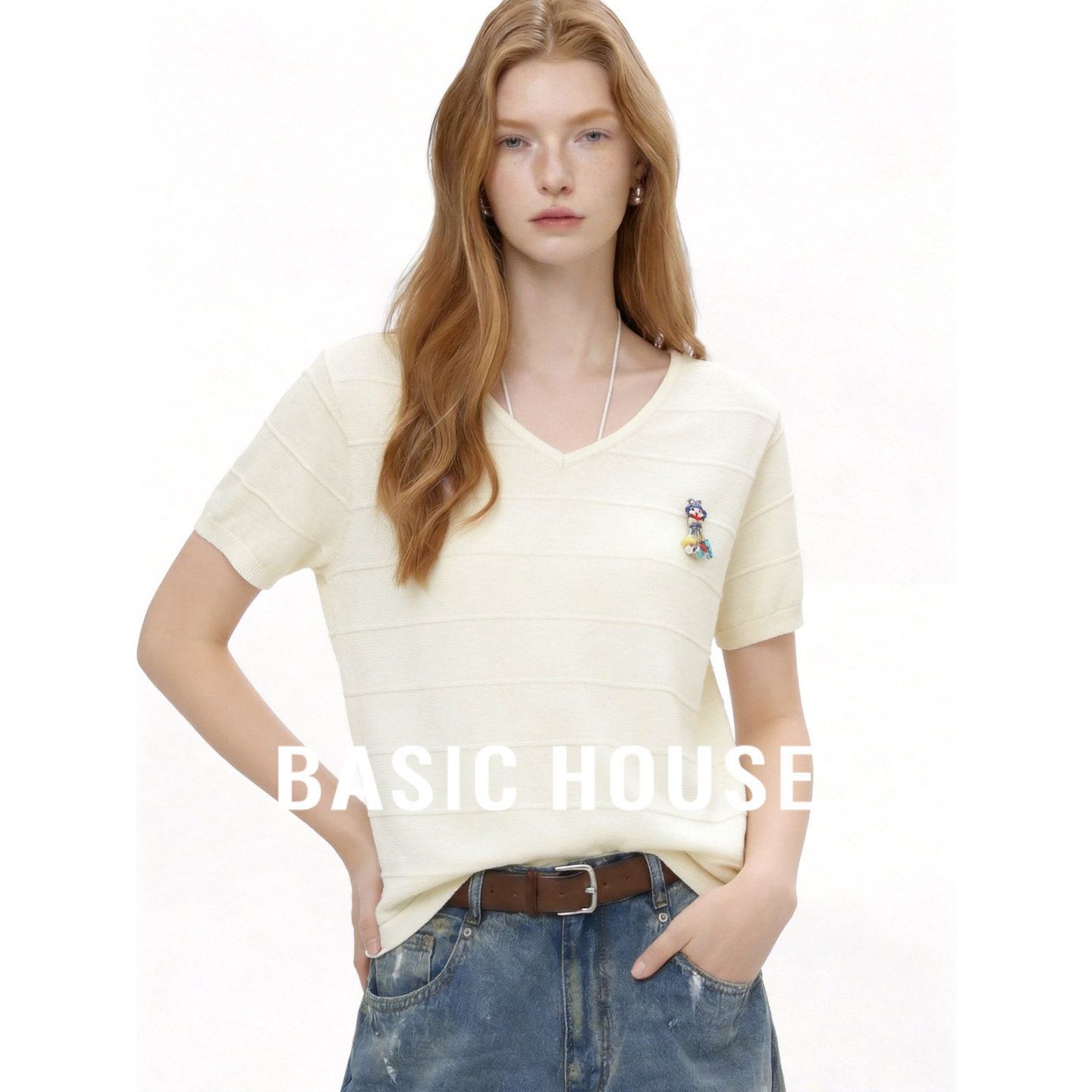 Basic House/百家好法式白色V领短袖针织衫女夏慵懒风百搭上衣